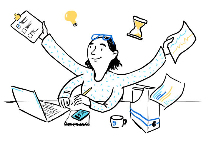 Illustration of a person with four hands performing multiple roles simultaneously.