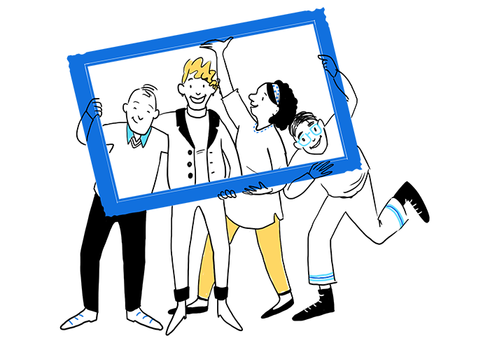 Illustration of four people holding and looking through frames.