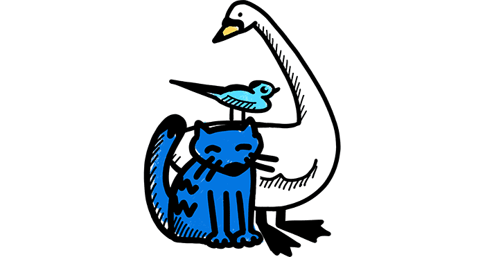 Illustration of a cat, whooper swan and small bird.