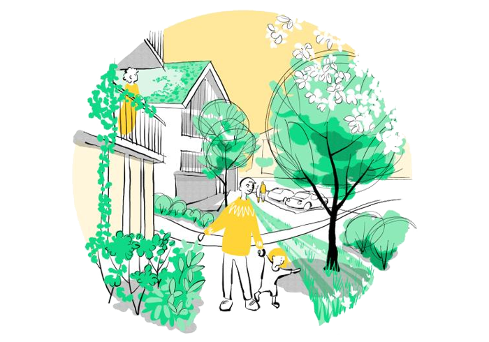 An illustration of an adult and a child walking along a city street.