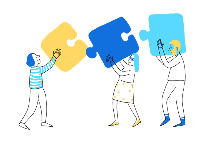 Illustration of three people trying to put together three large puzzle pieces.