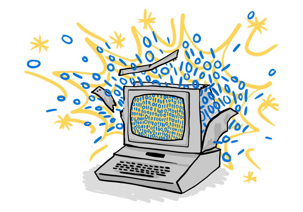 Illustration of an old computer exploding.