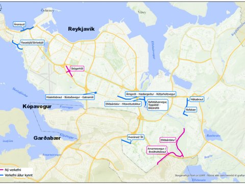 Kort yfir staðsetningar göngu- og hjólastígaframkvæmda