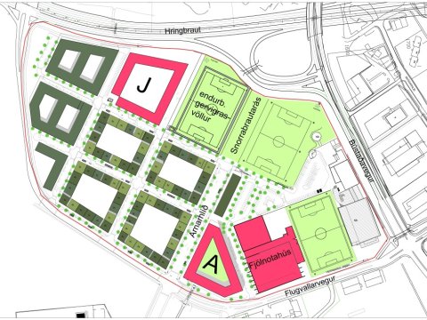 Skýringarmynd frá ALARK arkitektum ehf. sem sýnir fyrirhugaða uppbyggingu á A og J reitum á Hlíðarendasvæðinu. Teikning, loftmynd.