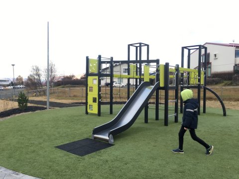 Leiksvæði með rennibraut.