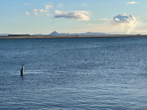 Eldgos á Reykjanesi sést yfir hafið frá Reykjavík