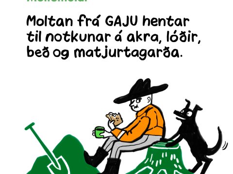 Teikning af manni með skóflu og hundi.
