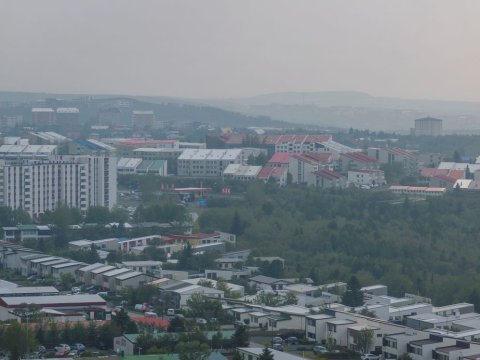 View over houses and trees with mist in the air.