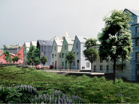 Illustration of houses and vegetation