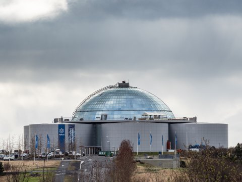 Perlan í Öskjuhlíð, grár himinn, smá tré í forgrunni