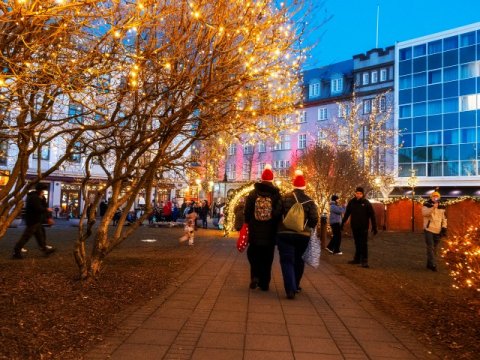 Austurvöllur fallega skreyttur jólaljósum á aðventunni 2024