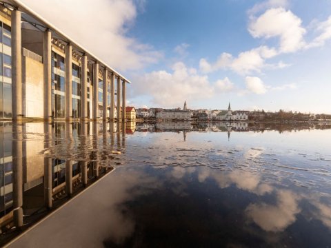 A reflection of Reykjavík City Hall on Tjörnin pond on a clear day.
