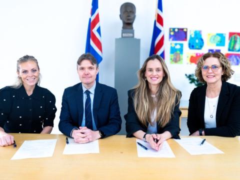 From left:  Salóme Guðmundsdóttir, Ísaksskóli board member; Páll Harðarson, Ísaksskóli board chair; Hildur Björnsdóttir, mayor; and Sigríður Anna Guðjónsdóttir, Ísaksskóli principal.