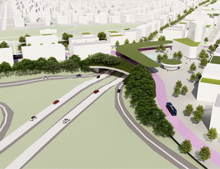 A computer-generated image of Vogatorg Square. Multi-family residences, a street with moving cars, and vegetation.
