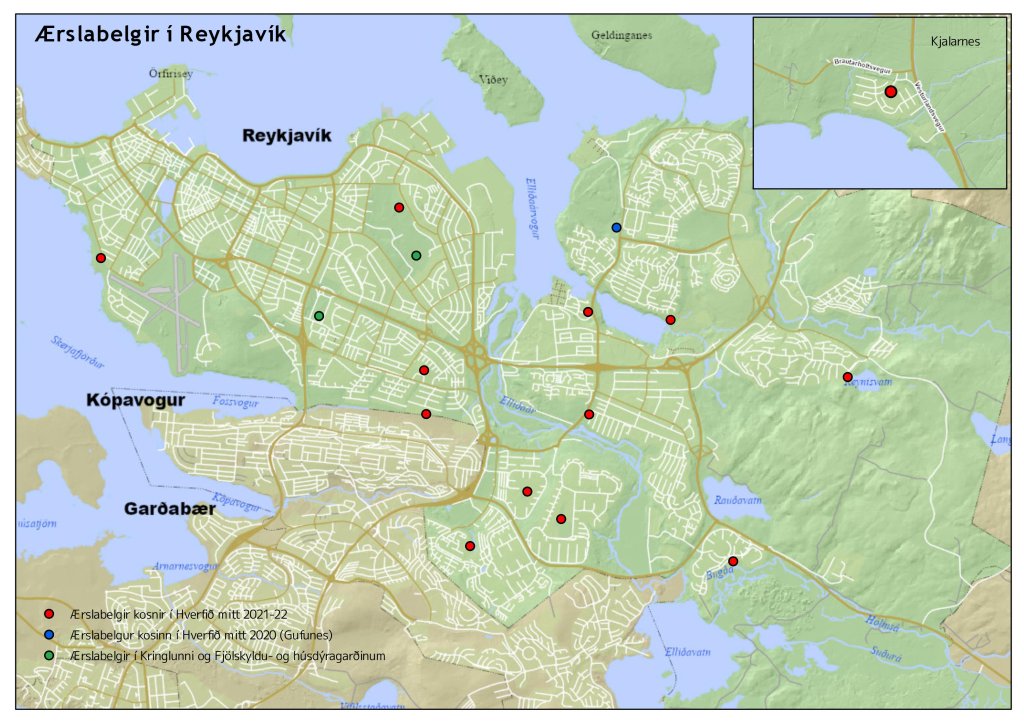 Kort yfir núverandi og tilvonandi ærslabelgi í Reykjavík.