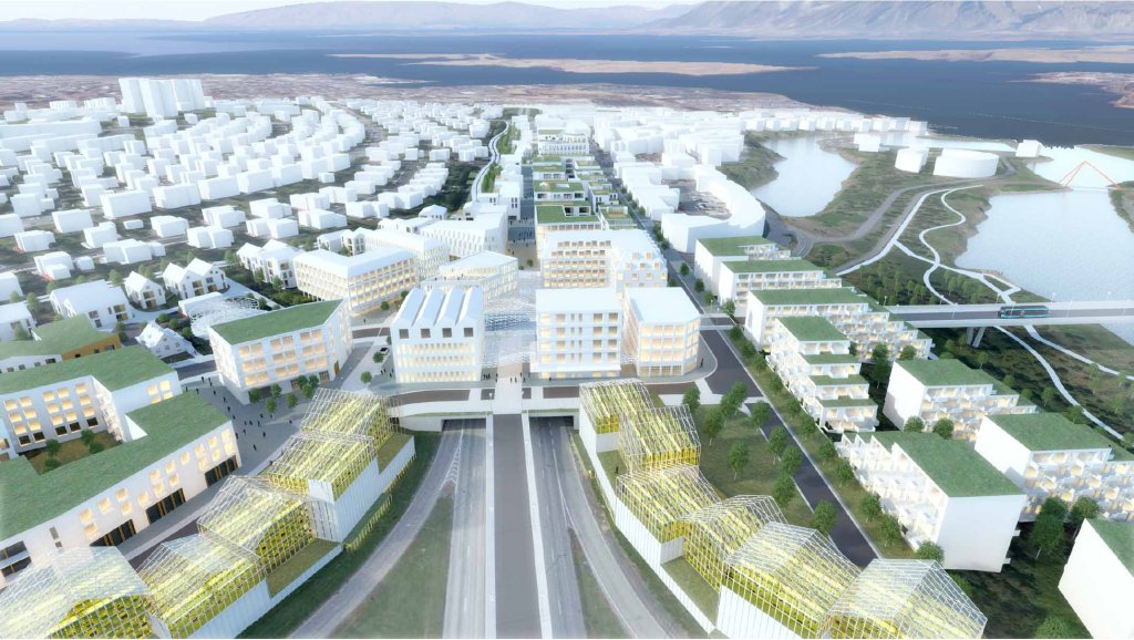 Rendering of a neighborhood with multiple multi-family residences.