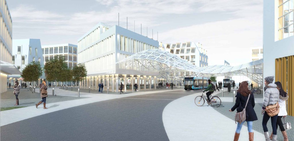 Rendering of what Vogatorg Square could look like. Retail spaces and a pedestrian street, partially covered.