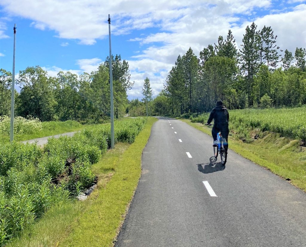 Hjólreiðamaður á ferð á hjólastíg í Elliðaárdal.