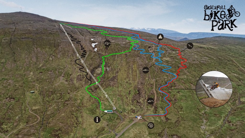 Kort yfir brautirnar í Skálafell Bike Park.