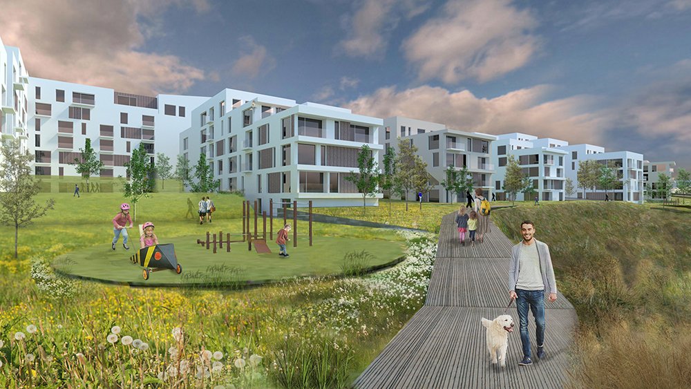 Computer-generated image of houses and people at Hamarstígur.