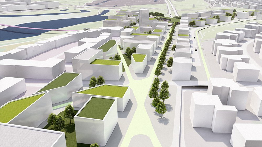 A computer-generated image looking south along the Sæbraut Highway Cap. Multi-family residences and vegetation.