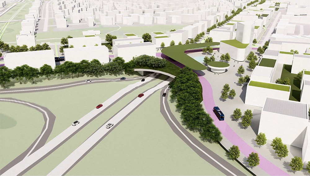 A computer-generated image of Vogatorg Square. Multi-family residences, a street with moving cars, and vegetation.