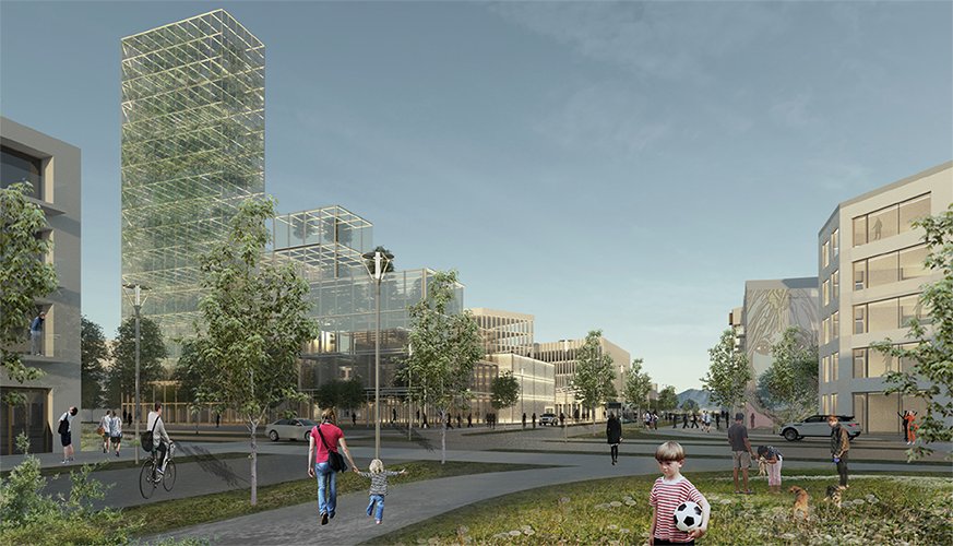 Rendering of Miklabraut, looking across Snorrabraut. Street, greenery, and public life.