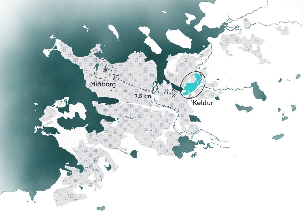 Kort sem sýnir Reykjavík og fjarlægð frá Keldum í miðborg