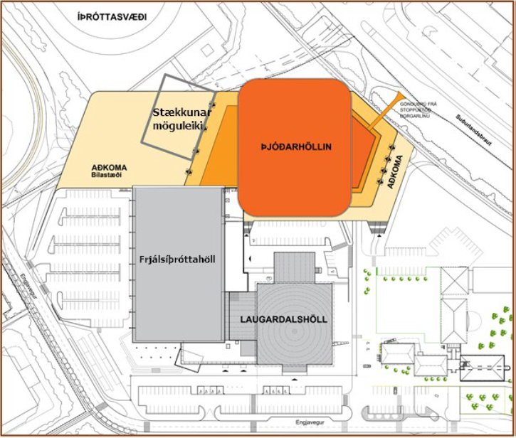 Teikning af fyrirhugaðri staðsetningu Þjóðarhallar í Laugardal