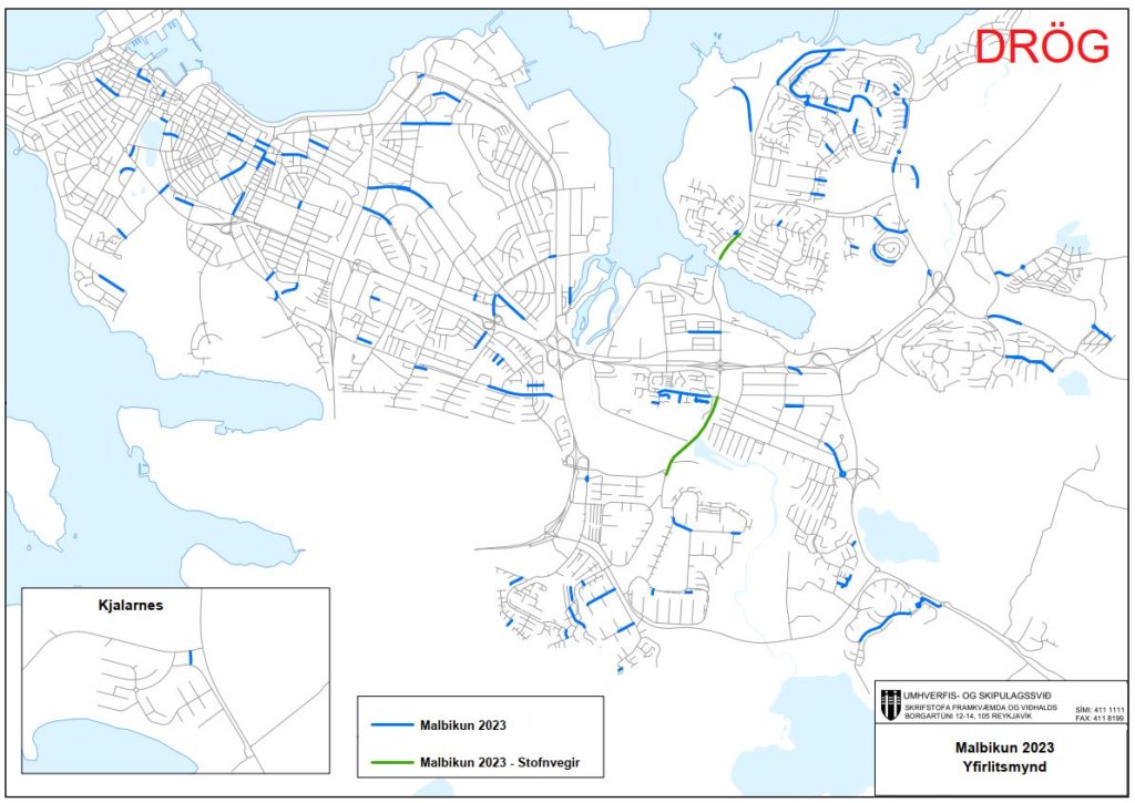 Kort yfir malbikunarframkvæmdir í Reykjavík 2023.