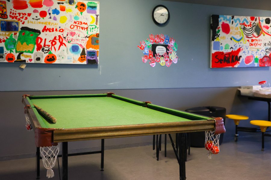 A pool table with picture decorations on the wall behind it.