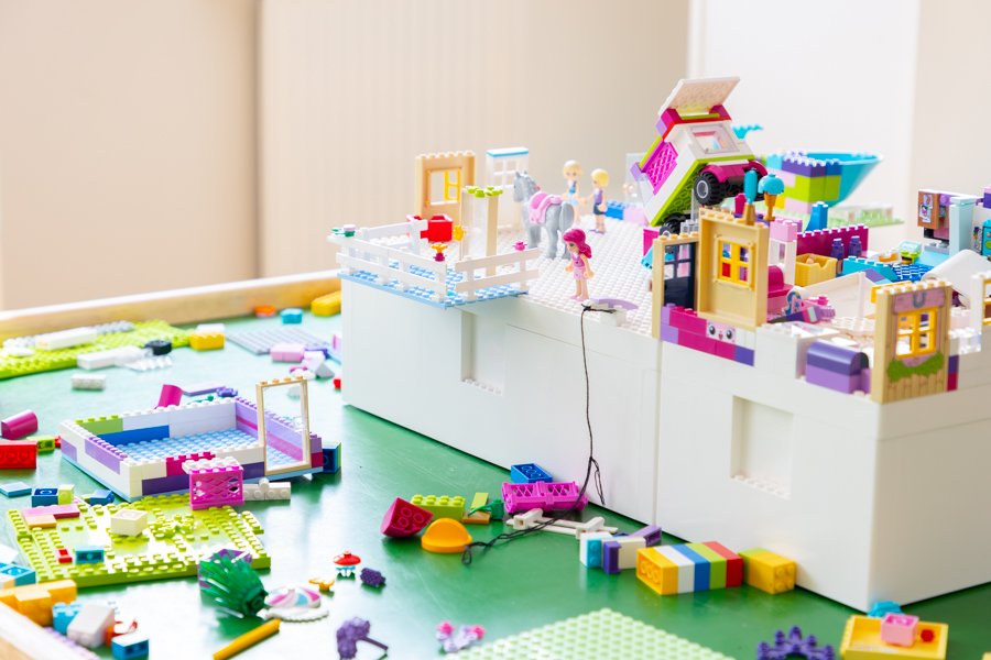 Lego blocks on a table. 