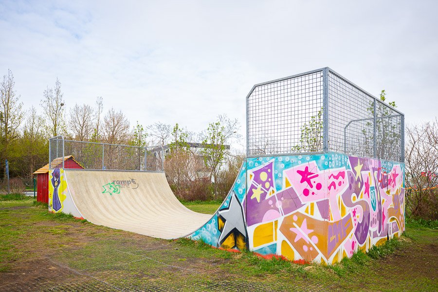 A decorated ramp for skateboarding.