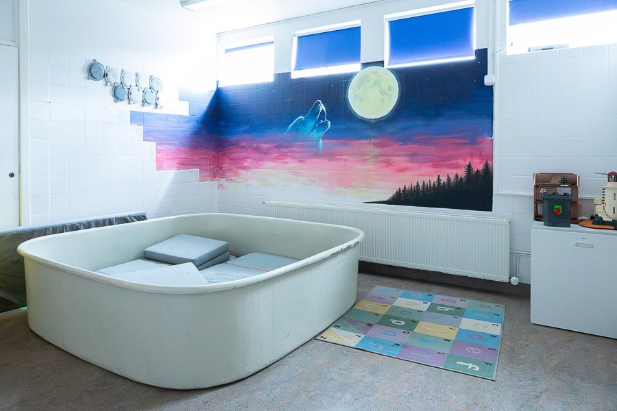 A large plastic container filled with blocks, and wall art in the background depicting a wolf, moon, and landscape.