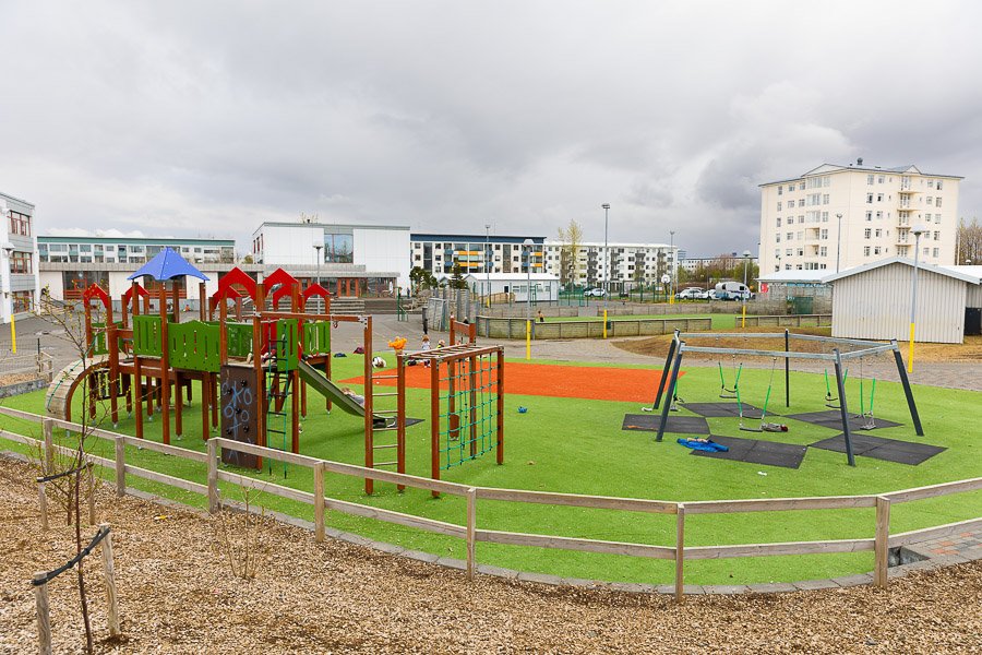 A play area with seesaws, jungle gyms and more at the Halastjarnan after-school program.
