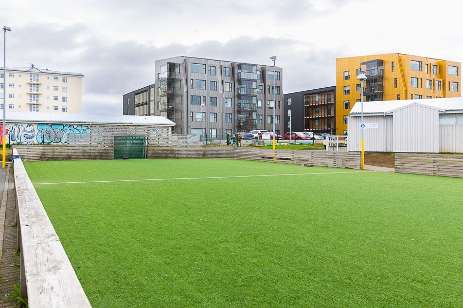 A soccer field at the Halastjarnan after-school program.