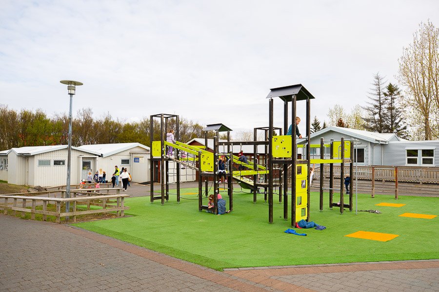 Outdoor area with climbing castle at Laugarsel after-school program. 