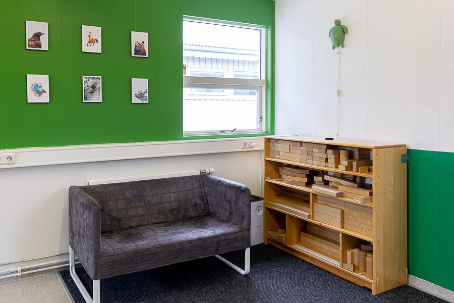 Green-painted room with a gray sofa and shelf with blocks.