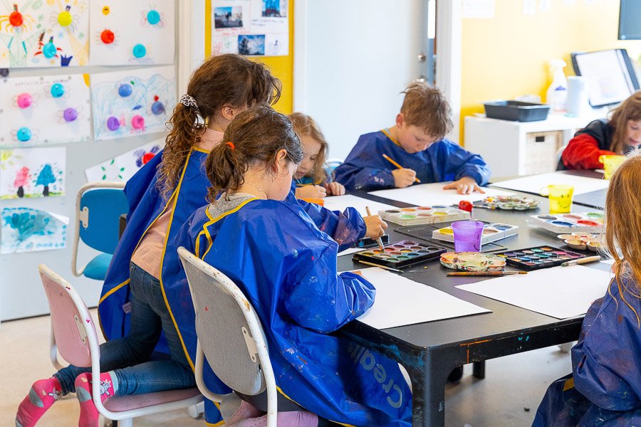 Children sit at a table painting pictures. 