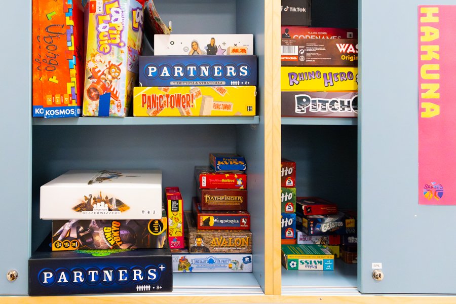 Board games on the shelf. 