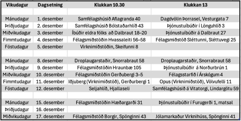 Tafla með tímasetningum aðventustunda Þjóðleikhússins. 