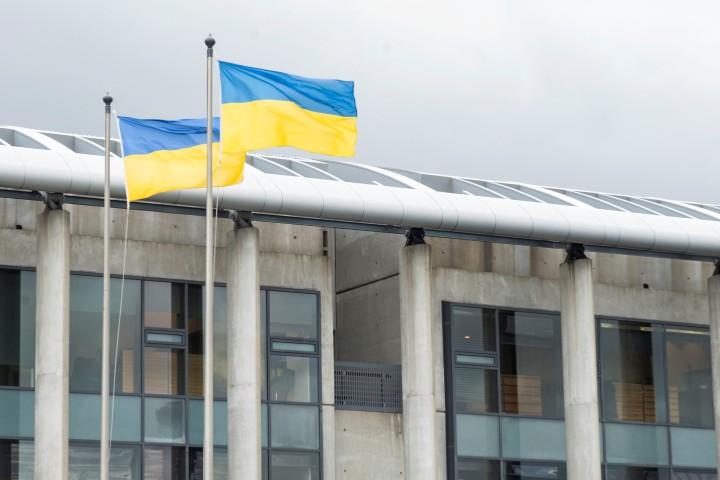 Ukrainian flag flying at City Hall in February 2022