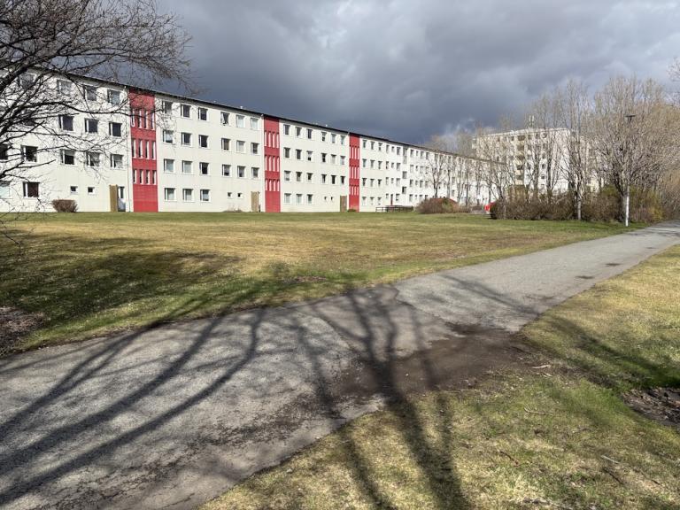 Hús, garður og göngustígur.
