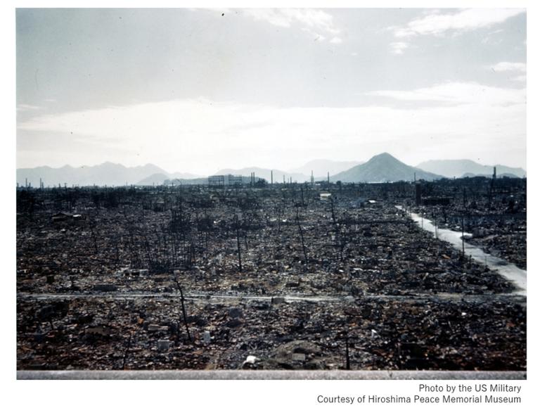 Photograph showing the destruction following the 1945 atomic bombings of Hiroshima and Nagasaki.