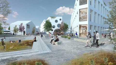 Rendering of a square. People walking and sitting on a bench.