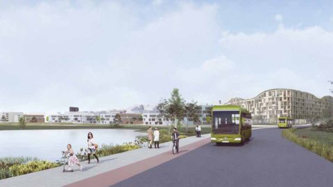 Borgarlína við Elliðá. Strætó, göngustígur með mannlífi og bygging í fjarska.