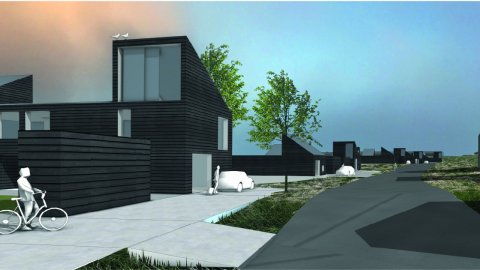 Illustration of a house, streets, and trees.