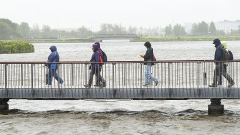 Ferðafólk á brúnni við Ráðhúsið í roki og rigningu.