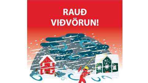 Grafísk, teiknuð, mynd. Rauð viðvörun stendur efst hvítum stöfum. Rauðleit mynd, óveður, manneskja í forgrunni.