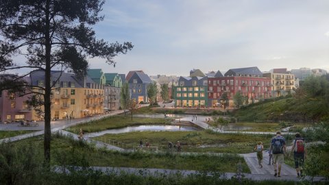 Teikning af húsum, gróðri og fólki.